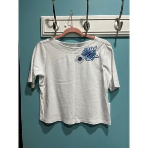 Requirements Petite White Embroidered Floral Boat Neck 3/4 Sleeve Top Size PL